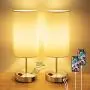 Set of 2 Touch Control Table Lamp White, 3-Way Dimmable Nightstand Lamps with 2 USB Ports&AC Outlet Fabric Round Bedside Table Lamps for Bedroom Living Room Desk Silver Base, Warm White Bulbs Included