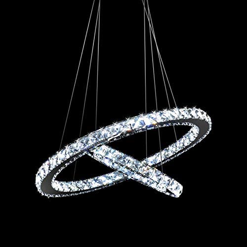 Crystal Chandelier 2 Rings 11.8''+19.7'' Daylight 5000K 48W Adjustable Shape Wowatt LED Circular Lighting Modern Ceiling Lighting Fixture Stainless Pendant Light for Bedroom Living Dining Room