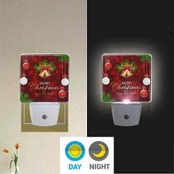 Vdsrup Merry Christmas Bells Night Light Set of 2 Xmas Balls Snowflakes Plug-in LED Nightlights Winter Bows Fir Tree Auto Dusk-to-Dawn Sensor Lamp for Bedroom Bathroom Kitchen Hallway Stairs