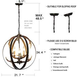 Unitop Globe Antler Chandelier, 6 Lights D21.7'' Metal Retro Pendant Light Fixture Vintage Resin Deer Antler Chandelier for Living Room Kitchen Island Bedroom