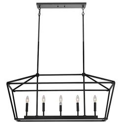 Untrammelife 5-Light Linear Pendant Light Fixture, Kitchen Island Lighting, Openwork Linear Chandelier with Adjustable Height in Coal Black Finish