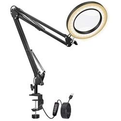 LED Magnifying Lamp, 3 Color Modes Stepless Dimming Daylight ,Adjustable Swivel Arm Magnifier Lamp with clamp for Reading Rework Craft Or Workbench-5-Diopter