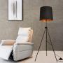 Contemporary Industrial Black Gold Lampshade Tripod Floor Table Lamp - Modern Vintage Mid Century Design Standing Light with Metal Legs - Adjustable Height Reading Light for Living Room Bedroom Office