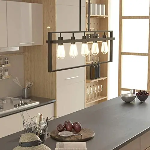 Tangkula 5-Light Island Lighting, Modern Style Domestic Linear Pendant Light Fixture, for Kitchen Dining Room Hallway, Pendant Lamps, Dark Brown Finish