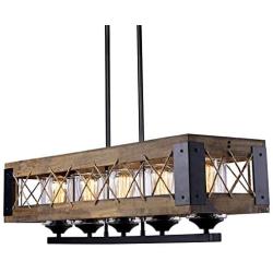 Kitchen Island Lighting, Wood Farmhouse Chandelier, Dining Room Hanging Fixture with 5 Glass Globes, 32”L x 10”H