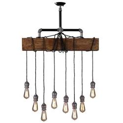 Industrial Rustic Wood Beam Linear Island Pendant Light 8-Light Chandelier Lighting Hanging Ceiling Fixture