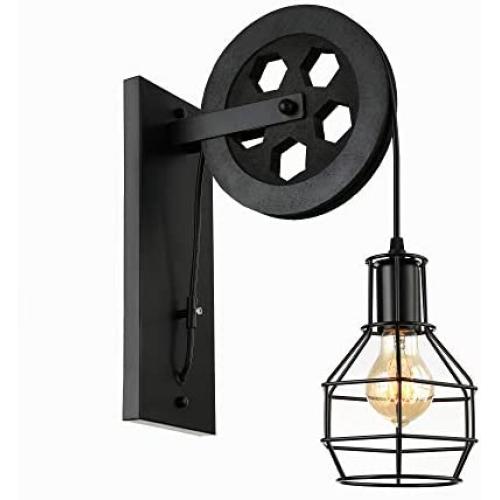 BAYCHEER HL471082 1 Light Wall Sconce Keyed Socket Pulley LED Industrial Wall Sconces Retro Wall Lights Fixture for Indoor Lighting Barn Restaurant in Black Finished