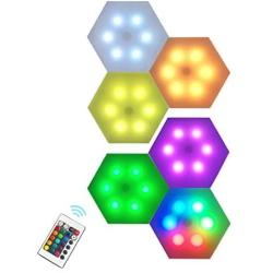 Smart Hexagon LED Lights Remote DIY Geometry Hex Light Touch Sensitive RGB Colorful Wall-Mounted Panels Puck Light for Bedroom Living Room Hallway Party Celebration Decor Night Light (6 Pack)