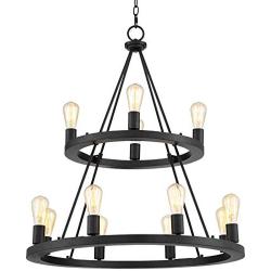 Lacey Black Wagon Wheel Chandelier 29 1/4'' Wide Modern Industrial LED Two Tier 12-Light Fixture for Dining Room House Foyer Kitchen Island Entryway Bedroom Living Room - Franklin Iron Works