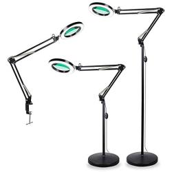 TOMSOO 3-in-1 Magnifying Glass Floor Lamp with Clamp, White/Warm White Lighted Magnifier Lens - Adjustable Stand & Swivel Arm - Full Spectrum LED Light for Reading, Crafts, Professional Tasks (Black)