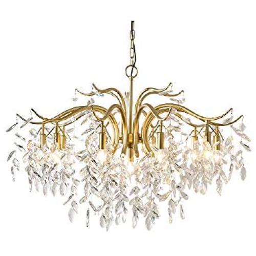 FL-63682, Chandelier, Luxury K9 Crystal Pendant Lamp, 9 Lights Gold Metal Pendant Light for Living Room Bedroom Study Room Dining Room Restaurant