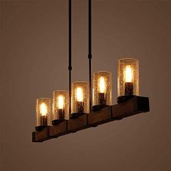 Eumyviv C0022 Metal Pendant Lamp with Glass Shade Retro Rustic Chandelier Edison Vintage Decorative Ceiling Fixture Hanging Luminaire, Wood 5 Lights