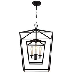 Decomust 17'' Lantern Pendant Light Industrial Vintage Lantern Iron Cage Hanging with 3-Light, Chandelier for Traditional Dining Room Bar Cafe (Black)