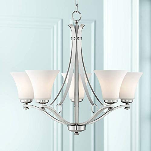 Bollyn Brushed Nickel Chandelier 26 1/2'' Wide Modern Curved Arms White Glass 5-Light Fixture for Dining Room House Foyer Kitchen Island Entryway Bedroom Living Room - Possini Euro Design