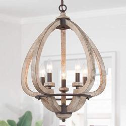 LOG BARN Wood Metal Chandelier, 5-Light Farmhouse Light Fixture for Dining Room, Orb Chandelier Rustic, 17.5” Dia