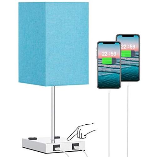 Touch Control Table Lamp with USB, Aooshine 3 Way USB Lamp with Dual USB Charging Ports & Dual 2-Pin Outlet, Blue Lampshade and Sliver Base, E26 Base 2700K Warm White LED Bulb Included