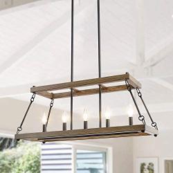 LALUZ Farmhouse Chandelier, Smart Faux Wood Metal Light Fixture for Dining Room, Kitchen Island, Living Room and Foyer, Flawlessly Compatible with Alexa and Google Assistant, App Controlled