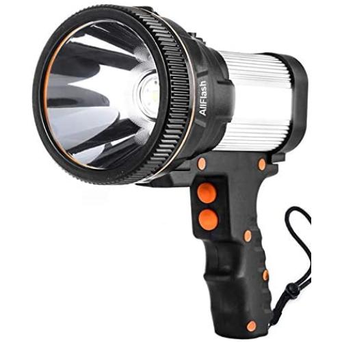 Rechargeable spotlight, Super Bright 7000 Lumens LED Searchlight Handheld, and Flood Camping Flashlight with Foldable Tripod with USB Output Function IPX4 Waterproof (ABS Silver)