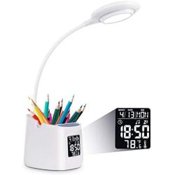 LED Desk Lamp for Home Office, Clock Lamp, Desk Light with Pen Holder&Phone Holder, Battery Operated Lamp, Kids Lamp for Girls/Boys, Study Lamp, 3 Color Modes& Stepless Dimming