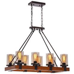 Rustic 8-Light Chandelier Rectangle Wood Farmhouse Pendant Light Fixture for Dining Room Kitchen Island Pool Table