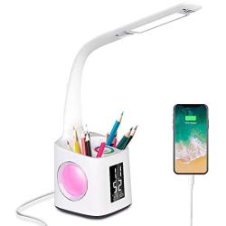 Donewin LED Desk Lamp with USB Charging Port&Pen Holder, Study Light with Clock&Calendar, Study Lamp for Kids/Girls/Boys, Eye-Caring Desk Light for Office/Work/Reading, Colorful Night Light,10W