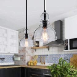 Farmhouse Bell Pendant Lighting, Kitchen Ceiling Lighting with Clear Seeded Glass Shade 10inch Adjustable Handblown Hanging Light for Kitchen Island Sink Dining Room Bars Fixture (2-Pack）