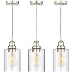Industrial Pendant Lighting, Adjustable Hanging Light Fixtures, Clear Glass Shade Pendant Light, Vintage Farmhouse Mini Hanging Ceiling Lamp for Kitchen Living Room Bedroom Hallway, E26 Base, 3-Pack