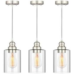 Industrial Pendant Lighting, Adjustable Hanging Light Fixtures, Clear Glass Shade Pendant Light, Vintage Farmhouse Mini Hanging Ceiling Lamp for Kitchen Living Room Bedroom Hallway, E26 Base, 3-Pack