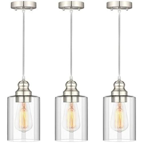 Industrial Pendant Lighting, Adjustable Hanging Light Fixtures, Clear Glass Shade Pendant Light, Vintage Farmhouse Mini Hanging Ceiling Lamp for Kitchen Living Room Bedroom Hallway, E26 Base, 3-Pack