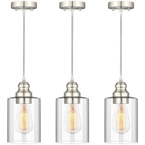 Industrial Pendant Lighting, Adjustable Hanging Light Fixtures, Clear Glass Shade Pendant Light, Vintage Farmhouse Mini Hanging Ceiling Lamp for Kitchen Living Room Bedroom Hallway, E26 Base, 3-Pack