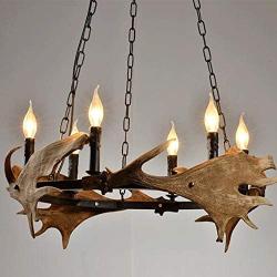 Vintage Antlers Chandelier, Faux Hand-Polished Resin Deer Horn, 6 Candle Pendant Lighting Fixtures for Farmhouse, Kitchen Island, Foyer, Bedrooms 6-Light Stag Antler Chandeliers Lights