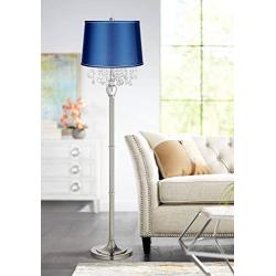 Modern Floor Lamp Satin Steel Chrome Crystal Strands Medium Blue Satin Drum Shade for Living Room Reading Bedroom - 360 Lighting