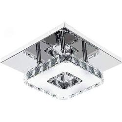 Modern LED Ceiling Lights Crystal Flush 21cm 12W 6000K Cold White Square Stainless Steel Mini Ceiling Lamp for Bedroom, Living Room and Hallway