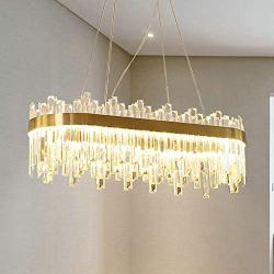LITFAD Oval LED Chandelier Light Fixture Postmodern Crystal Block Gold Flush Mount LED Hanging Ceiling Light Art Deco Pendant Light for Dining Room Bedroom Livingroom Restaurant, Bulb Included