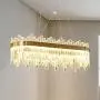 LITFAD Oval LED Chandelier Light Fixture Postmodern Crystal Block Gold Flush Mount LED Hanging Ceiling Light Art Deco Pendant Light for Dining Room Bedroom Livingroom Restaurant, Bulb Included