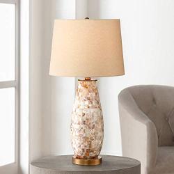 Kylie Cottage Table Lamp Mother of Pearl Tile Vase Beige Drum Shade for Living Room Family Bedroom Bedside Nightstand - Regency Hill