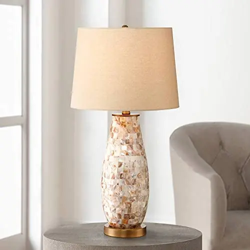 Kylie Cottage Table Lamp Mother of Pearl Tile Vase Beige Drum Shade for Living Room Family Bedroom Bedside Nightstand - Regency Hill Kylie Cottage Table Lamp Mother of Pearl Tile Vase Beige Drum Shade for Living Room Family Bedroom Bedside Nightstand - Regency Hill