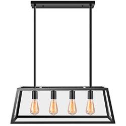 Kitchen Island Pendant Lighting with 4 Lamp Sockets, Pynsseu Matte Black Shade with Clear Glass Panels, Industrial Hanging Pendant Light Fixture for Kitchen Island Breakfast Bar Dining Room