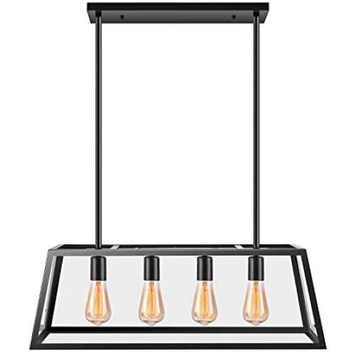 Kitchen Island Pendant Lighting with 4 Lamp Sockets, Pynsseu Matte Black Shade with Clear Glass Panels, Industrial Hanging Pendant Light Fixture for Kitchen Island Breakfast Bar Dining Room