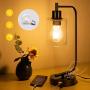 Industrial Table Lamp, Bulb Included Dual USB Port Iron Lantern Glass Shade Style Dimmable Bedside Desk Lamp for Bedroom, Office, Living Room, Dressing Table, Hotel Farmhouse Desk Lamp