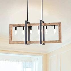 Maxax Kitchen Island Light 6-Lights Wood Pendant Chandelier Ceiling Light, Industrial Hanging Light Fixture for Kitchen Island Dining Room
