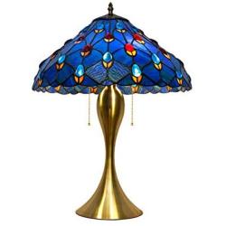 Retro Blue Tiffany Style Table Lamps Handmade Gem Decoration Stained Glass Nightstand Light Iron Made Base Golden Desk Lamp for Bedroom Bedside Living Room Reading Desk Lamp E26/E27,30cm