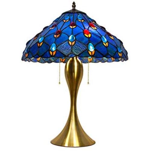 Retro Blue Tiffany Style Table Lamps Handmade Gem Decoration Stained Glass Nightstand Light Iron Made Base Golden Desk Lamp for Bedroom Bedside Living Room Reading Desk Lamp E26/E27,30cm