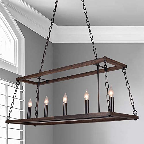 ANTILISHA Rustic Farmhouse Chandelier Lighting Rectangular Lantern Cage Light Fixture Pendant Chandelier for Dining Rooms Kitchen Island Closet Wood Metal Matt Black Long 39.4''