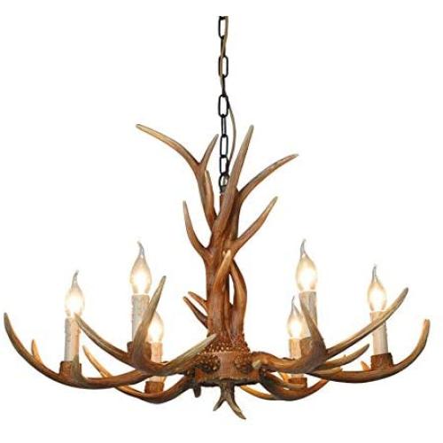 6-Candle Deer Lamp Antler Horn Pendant Lights Retro Rustic Chandelier Vintage Resin Antler Shape Pendant Lighting Indoor Ceiling Hanging Light for Dining Living Room Kitchen Hallway Bar(6-Candle A)