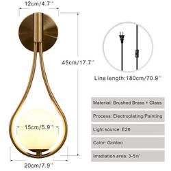 Modo Lighting Glass Ball Wall Sconce Plug in Mid Century Modern Drop Design Wall Light Brushed Brass Gold Wall Lamps for Bedside Living Room (with Plug in 2 Pack)