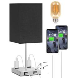 Touch Lamps for Bedrooms, Seealle Black Lamp with 2 USB Ports & AC Outlets, 3-Way Dimmable Touch Control Table Lamp for Living Room, Bedroom, Nightstand, Small Bedside Lamp with Warm White Light Bulb