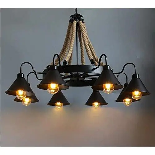 8-Light Retro Chandelier, Farmhouse Wrought Iron Rustic Hemp Rope Pendant Light Chandelier, Adjustion Chain E26 Lamp Socket Vintage Ceiling Fixture for Dining Table Kitchen Island Bar