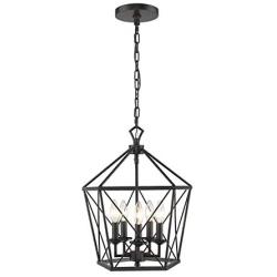 EAPUDUN Farmhouse Lantern Chandelier, 5-Light Metal Adjustable Height Industrial Square Pendant Light for Living Room,Kitchen Lsland,Hallway Foyer Hanging Ceiling Lighting, PDA1274-MBK