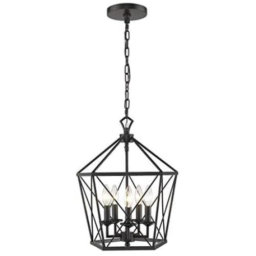 EAPUDUN Farmhouse Lantern Chandelier, 5-Light Metal Adjustable Height Industrial Square Pendant Light for Living Room,Kitchen Lsland,Hallway Foyer Hanging Ceiling Lighting, PDA1274-MBK